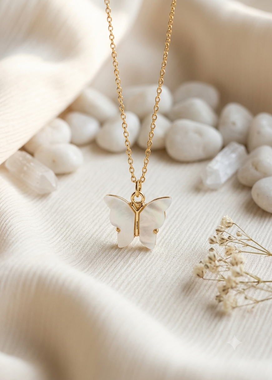 Pearl Glow Butterfly Necklace | White Butterfly Pendant | Aqsetique
