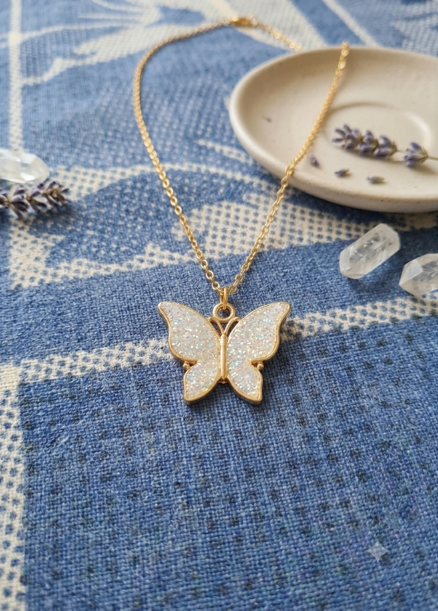 Pearl Glow Butterfly Necklace | White Butterfly Pendant | Aqsetique
