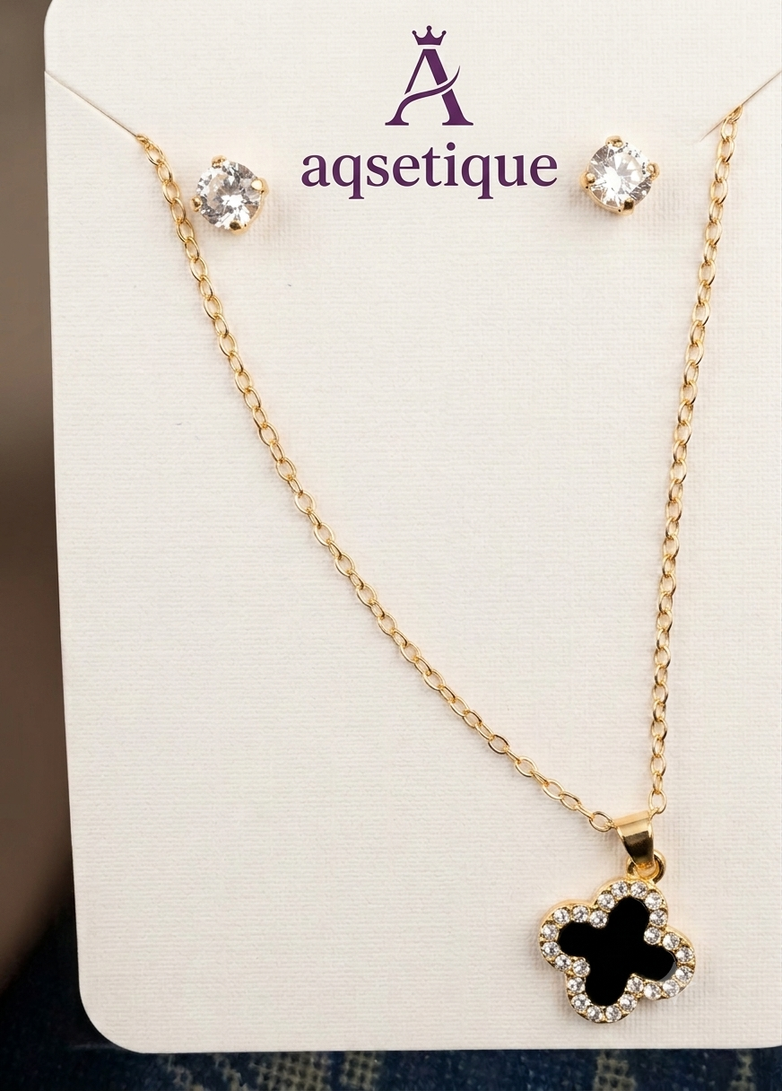Noir Clover Sparkle Jewelry Set | Gold-Tone Clover Necklace & Stud Earrings | Aqsetique