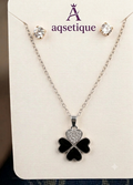 Midnight Heart Clover Jewelry Set | Silver-Tone Necklace & Stud Earrings | Aqsetique