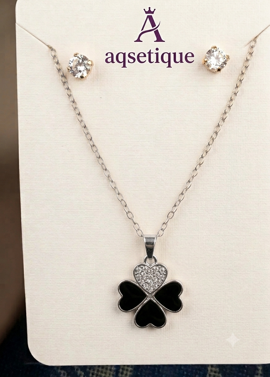 Midnight Heart Clover Jewelry Set | Silver-Tone Necklace & Stud Earrings | Aqsetique