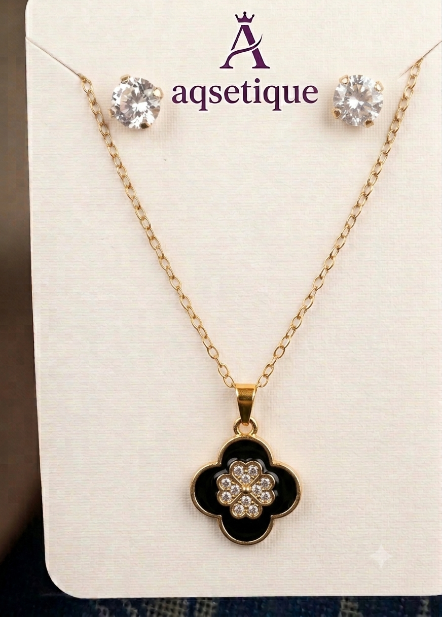 Midnight Blossom Clover Jewelry Set | Black Clover Necklace & Stud Earrings | Aqsetique