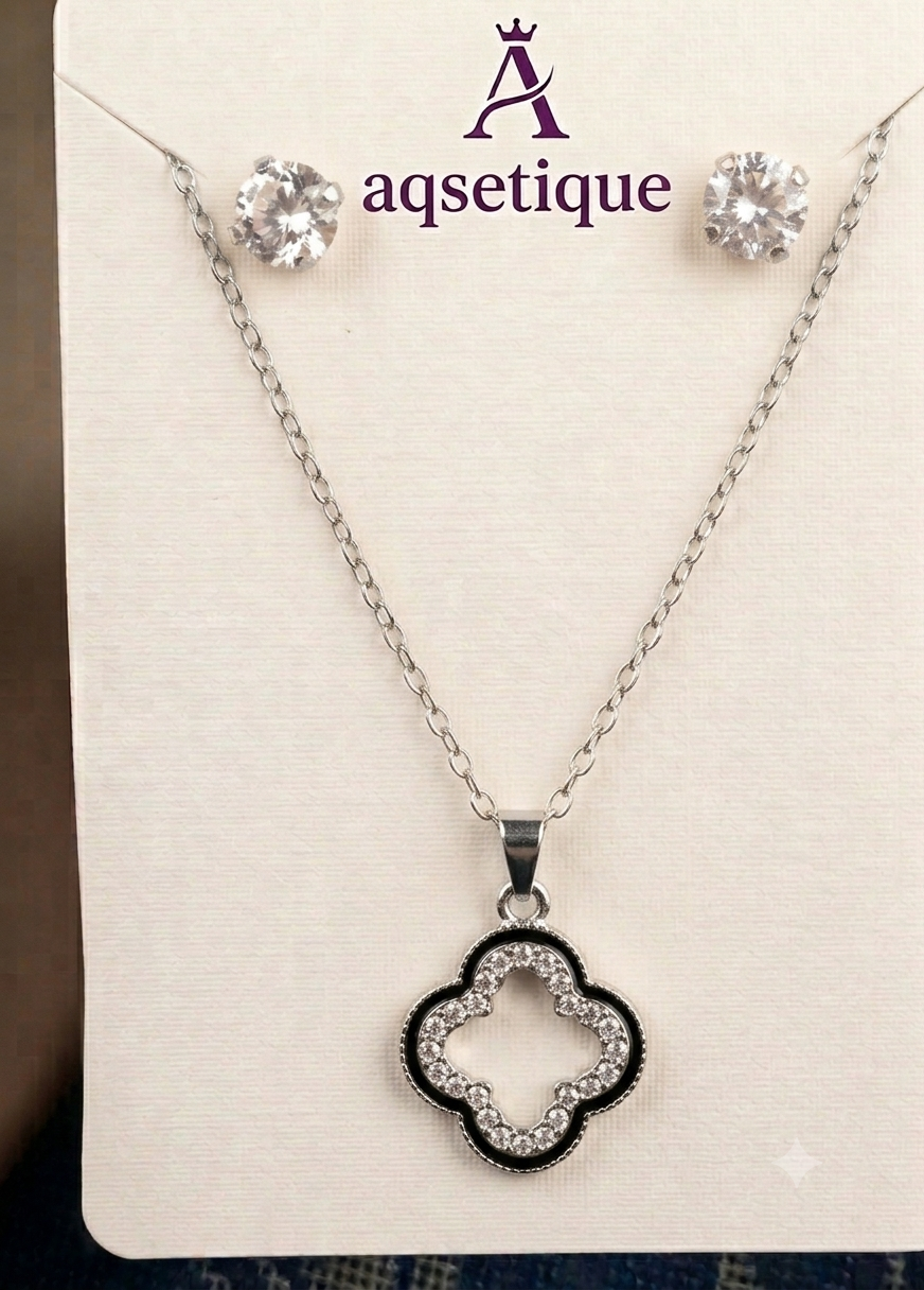 Celeste Clover Jewelry Set | Silver-Tone Open Clover Necklace & Stud Earrings | Aqsetique