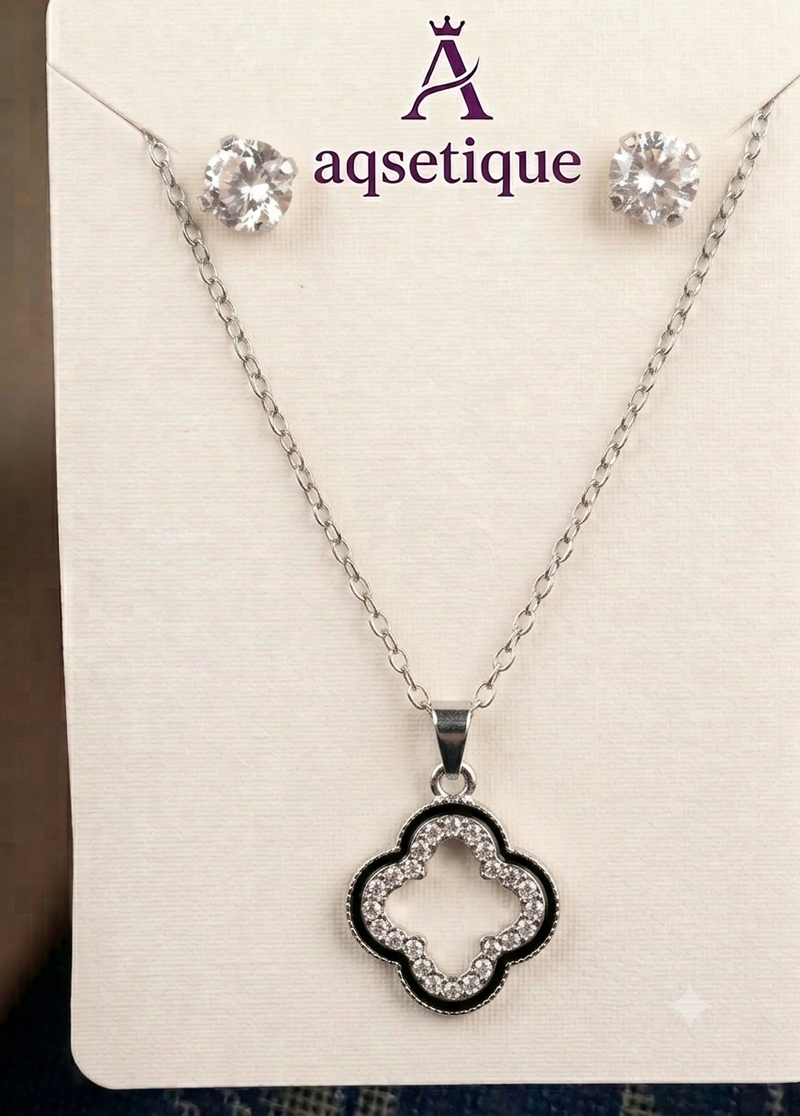 Celeste Clover Jewelry Set | Silver-Tone Open Clover Necklace & Stud Earrings | Aqsetique