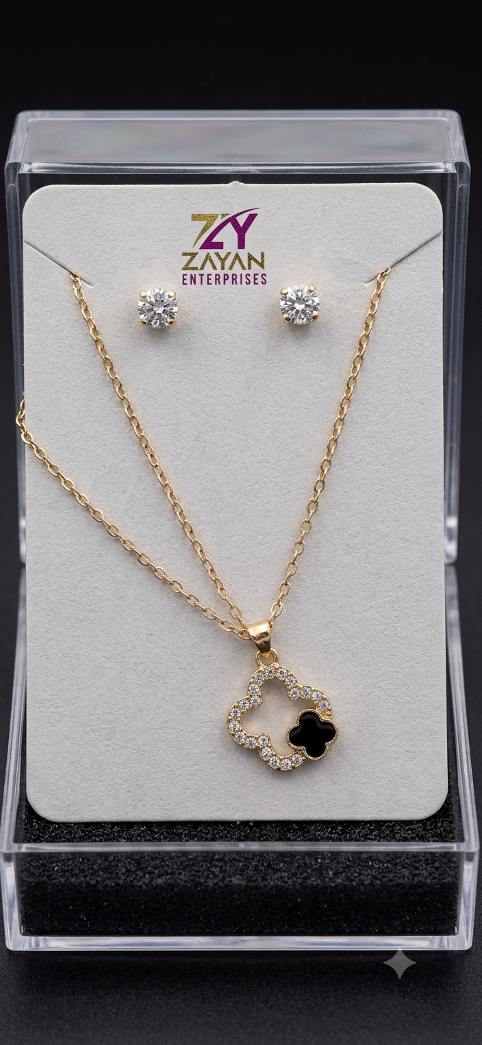 Noir Double Clover Jewelry Set | Black Pendant Necklace & Stud Earrings | Aqsetique