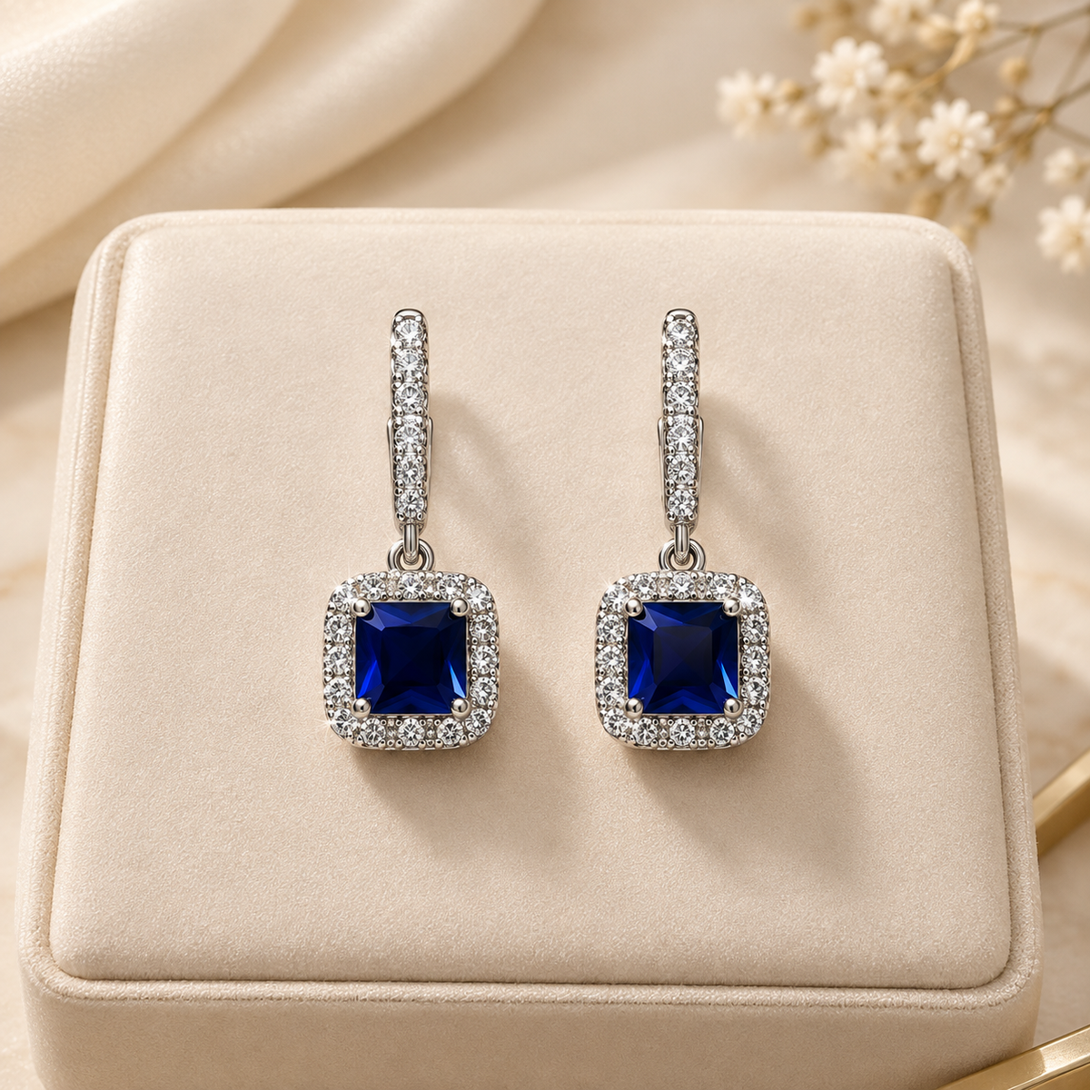 Sapphire Blue Halo Drop Earrings