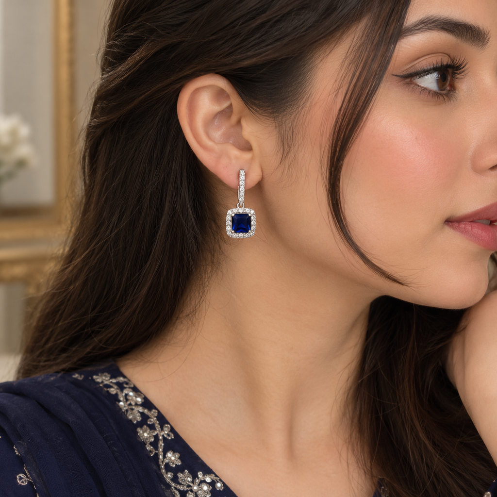 Sapphire Blue Halo Drop Earrings