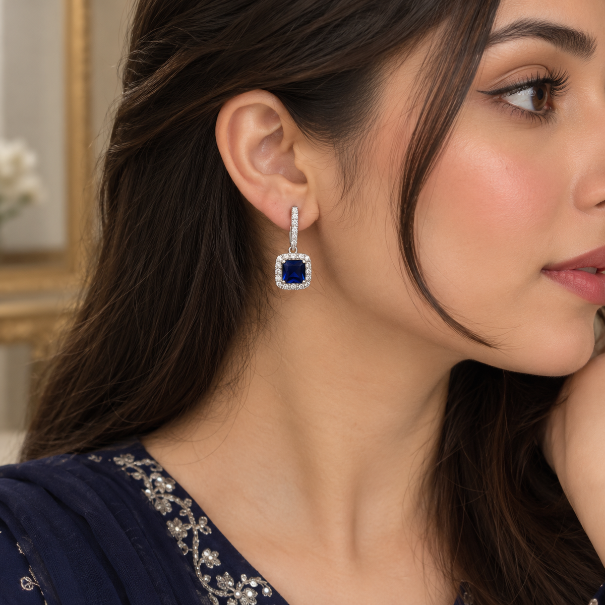 Sapphire Blue Halo Drop Earrings