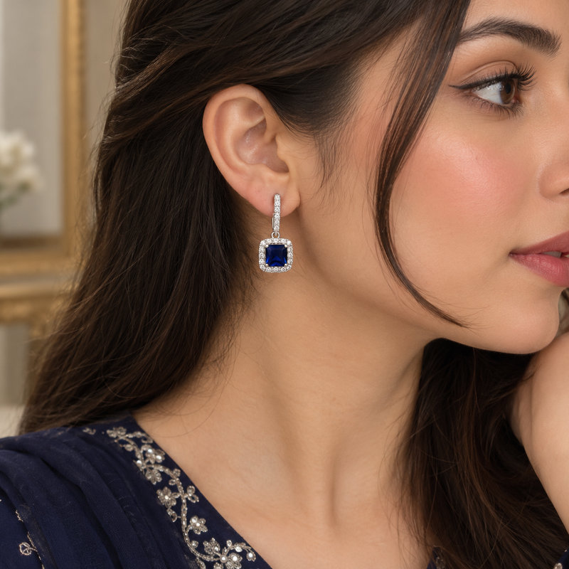 Sapphire Blue Halo Drop Earrings