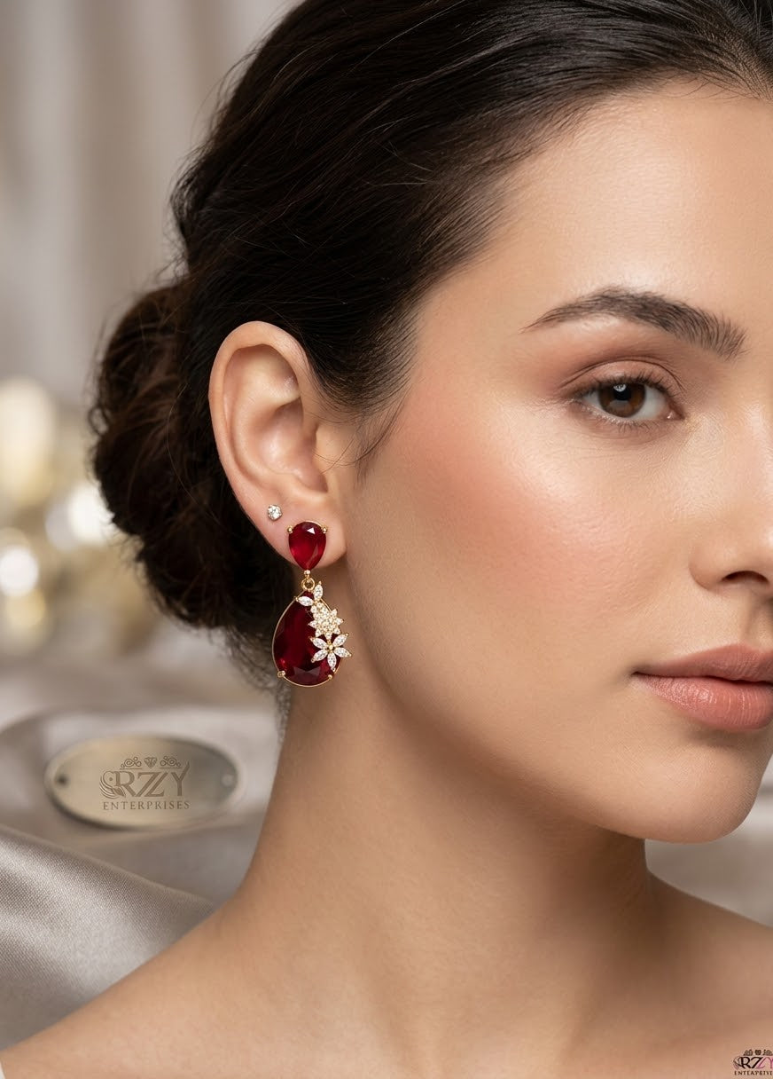 Maroon Teardrop Floral Earrings